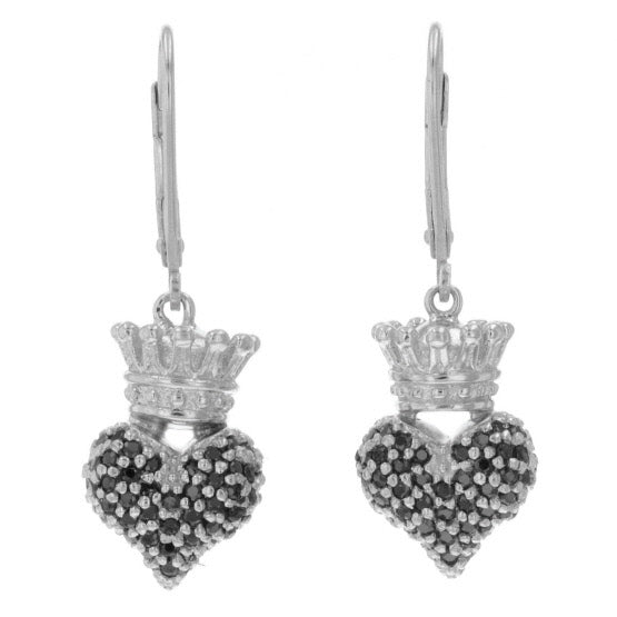 Small 3D Crowned Heart w/Pave Black CZ Leverback Earrings