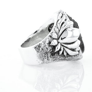 Jet Buddha Hidden in Silver Lotus Ring