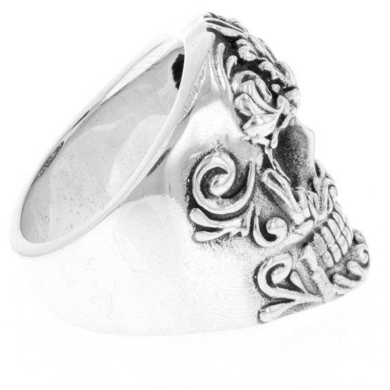 Floral Scroll Relief Skull Ring