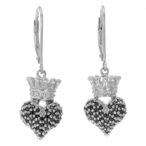 Small 3D Crowned Heart w/Pave Black CZ Leverback Earrings