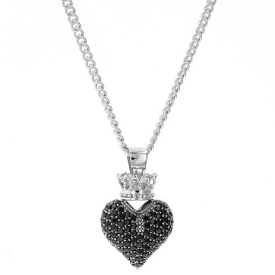 Large 3D Pave Black CZ Crowned Heart Pendant