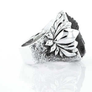 Jet Buddha Hidden in Silver Lotus Ring