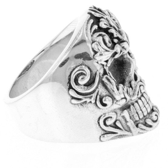 Floral Scroll Relief Skull Ring