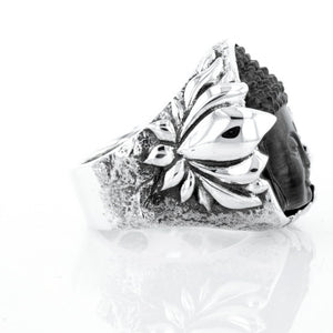 Jet Buddha Hidden in Silver Lotus Ring