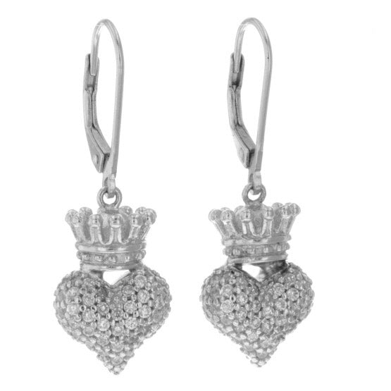 Small 3D Crowned Heart w/Pave CZ Leverback Earrings