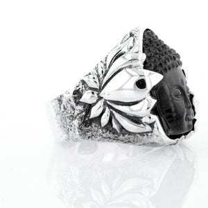 Jet Buddha Hidden in Silver Lotus Ring