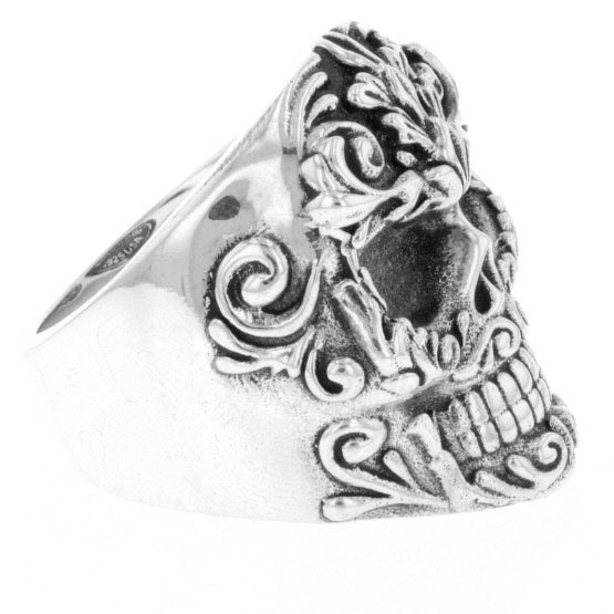 Floral Scroll Relief Skull Ring