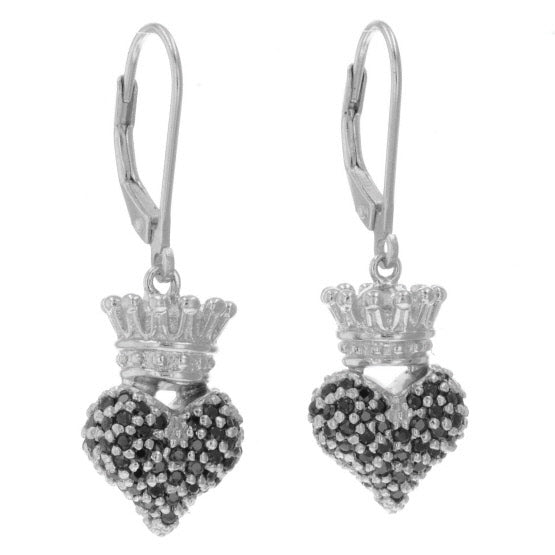 Small 3D Crowned Heart w/Pave Black CZ Leverback Earrings