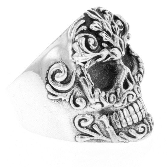 Floral Scroll Relief Skull Ring