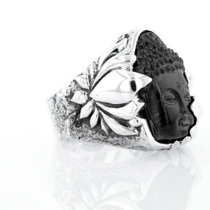 Jet Buddha Hidden in Silver Lotus Ring