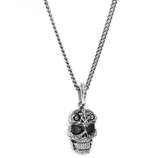 Carved Baroque Skull Pendant on 24 in. Fine Curb Link Chain