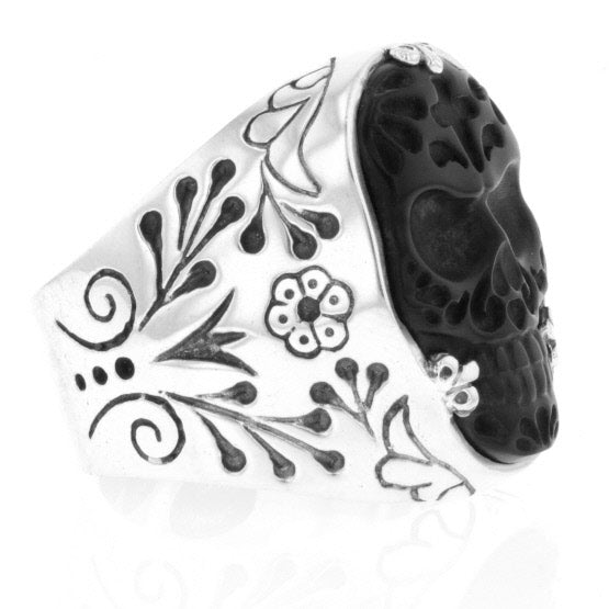 Carved Jet Day of the Dead Skull in Silver Frame Ring