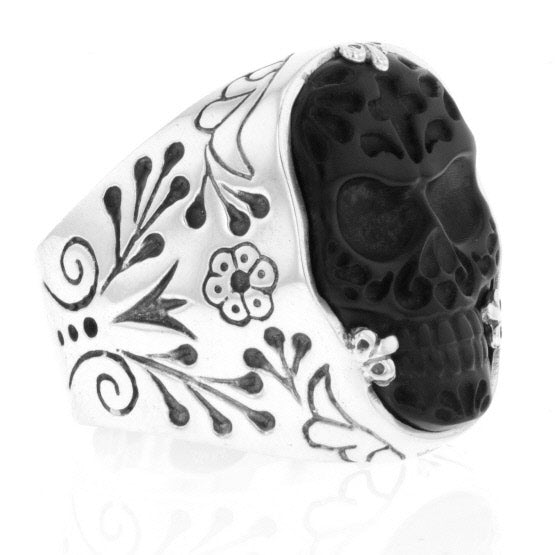 Carved Jet Day of the Dead Skull in Silver Frame Ring