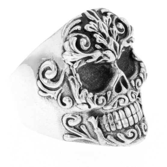 Floral Scroll Relief Skull Ring