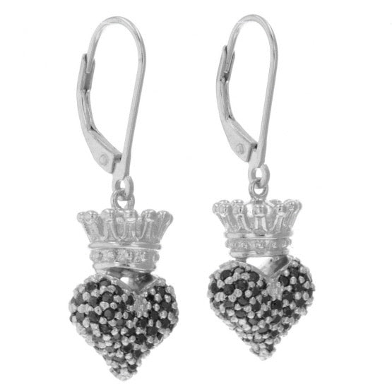 Small 3D Crowned Heart w/Pave Black CZ Leverback Earrings