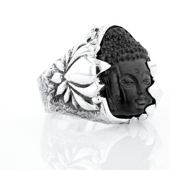 Jet Buddha Hidden in Silver Lotus Ring
