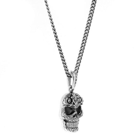 Carved Baroque Skull Pendant on 24 in. Fine Curb Link Chain