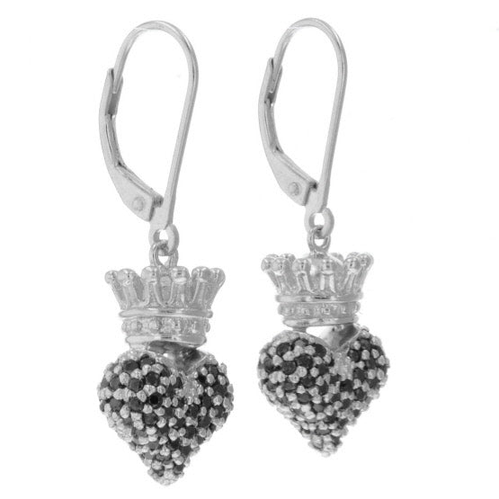 Small 3D Crowned Heart w/Pave Black CZ Leverback Earrings