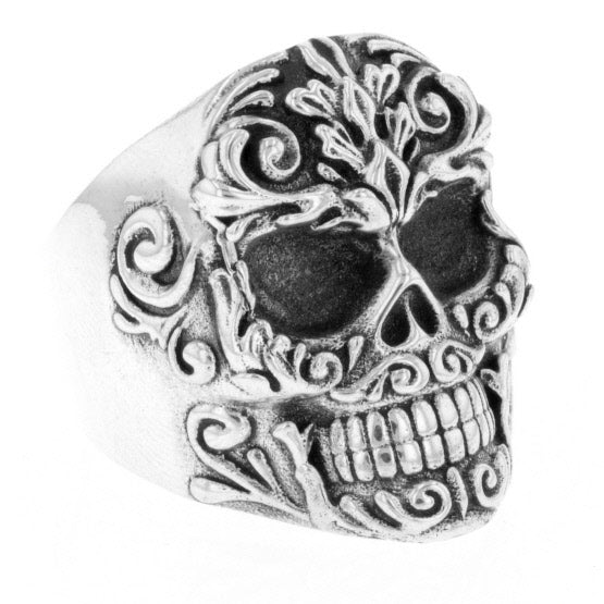 Floral Scroll Relief Skull Ring