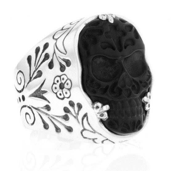 Carved Jet Day of the Dead Skull in Silver Frame Ring