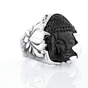 Jet Buddha Hidden in Silver Lotus Ring