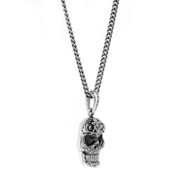 Carved Baroque Skull Pendant on 24 in. Fine Curb Link Chain