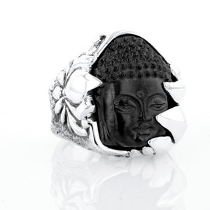 Jet Buddha Hidden in Silver Lotus Ring