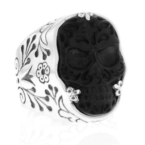 Carved Jet Day of the Dead Skull in Silver Frame Ring