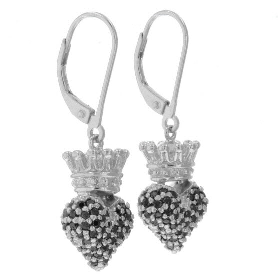 Small 3D Crowned Heart w/Pave Black CZ Leverback Earrings