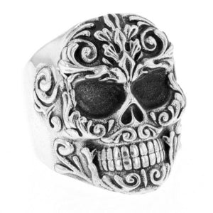 Floral Scroll Relief Skull Ring