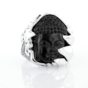 Jet Buddha Hidden in Silver Lotus Ring