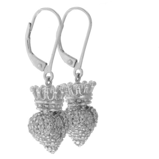 Small 3D Crowned Heart w/Pave CZ Leverback Earrings