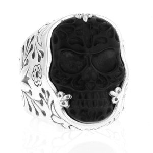 Carved Jet Day of the Dead Skull in Silver Frame Ring