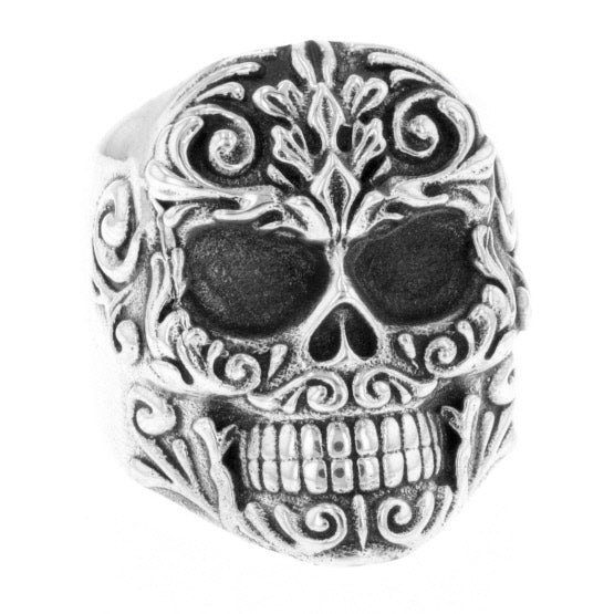 Floral Scroll Relief Skull Ring