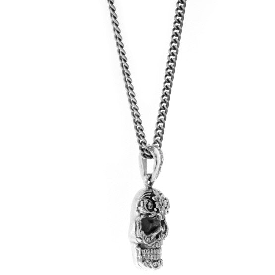 Carved Baroque Skull Pendant on 24 in. Fine Curb Link Chain