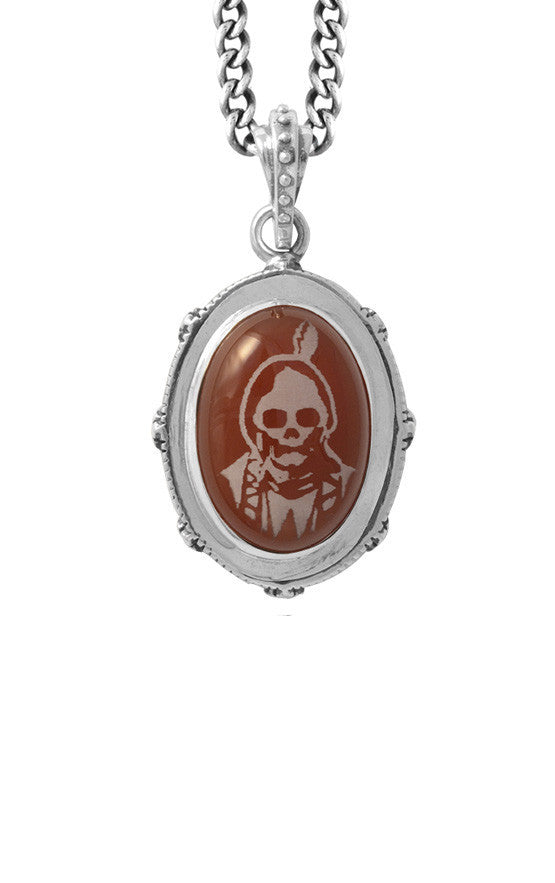 Oval Bezel Pendant w/ Etched Skull Chief on Carnelian Stone