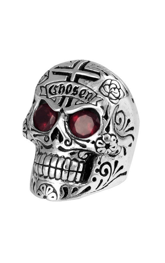 King Baby Skull Ring with Chosen Cross and Garnet Eyes