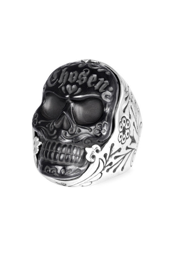 Carved Jet Chosen Skull Ring