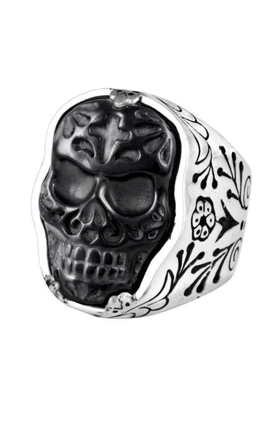 Carved Jet Day of the Dead Skull in Silver Frame Ring