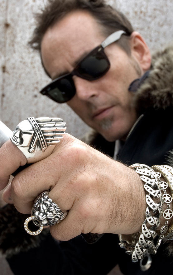 Model wearing Lion's Head Ring w/18K Toggle, Diamonds w/Ruby Eyes