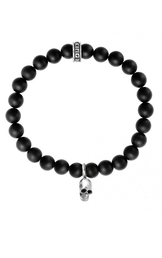 Onyx Bead Bracelet w/Silver Skull