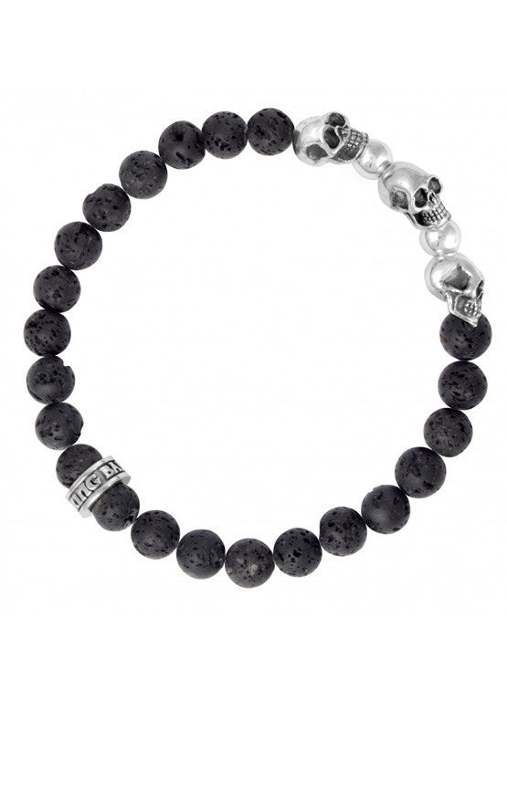 product shot of 8mm Lava Rock Bead Bracelet w/ 3 Skulls and 2 Silver Beads