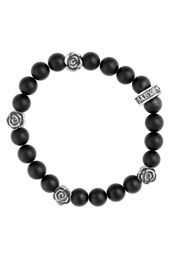 Onyx Bead Bracelet w/Silver Roses