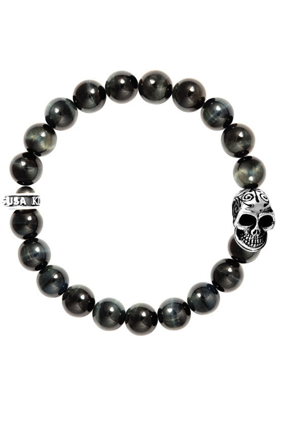 10mm Blue Tiger Eye Bracelet w/Day of the Dead Skull