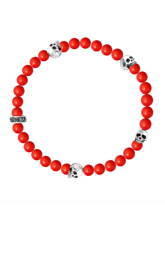 6mm Red Coral Bead Bracelet w/ 4 Skulls