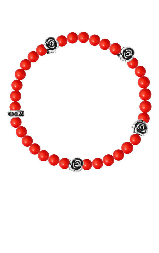 6 mm Red Coral Bead Bracelet w/ 4 Roses