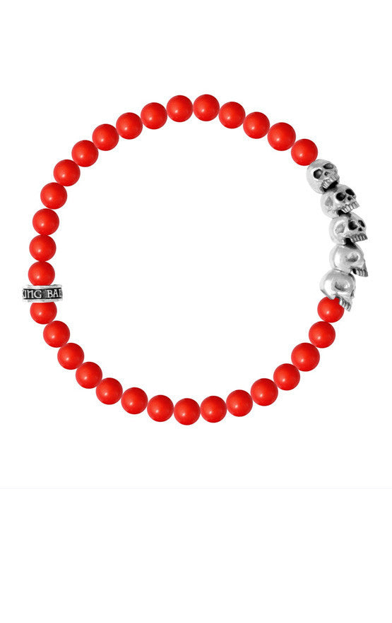 6mm Red Coral Bead Bracelet w/ Skull Bridge