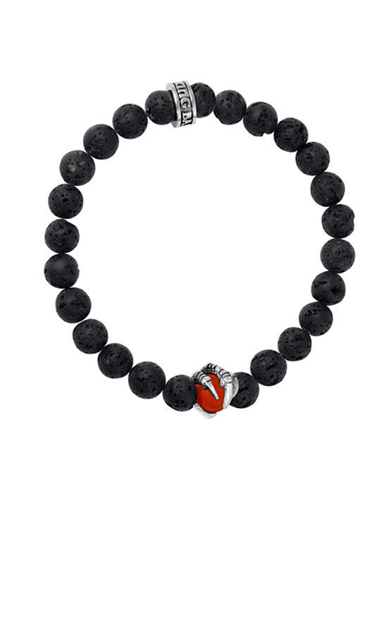 8mm Lava Rock Bracelet w/ Raven Claw Red Coral Bead