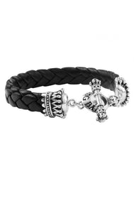 Small Black Leather Bracelet w/Crown and Toggle