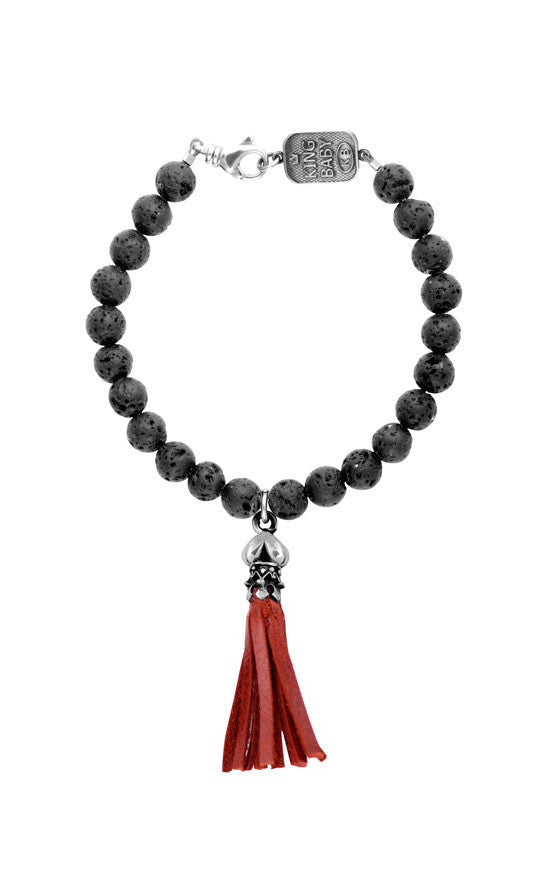 8mm Lava Rock Bead Bracelet w/Heart Red Leather Tassel